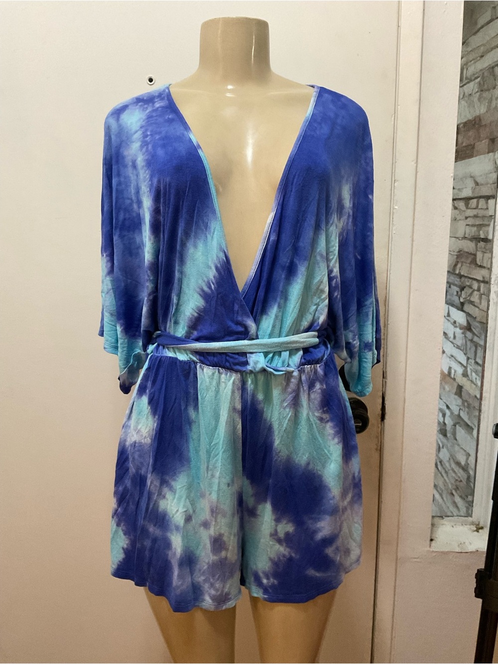 VENUS women’s Y2K Blue Tie-Dye wrap romper with belt size XL